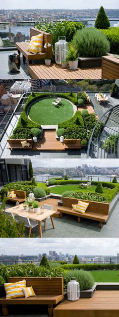 several different views of an outdoor garden with benches and plants in the foreground, on top of a rooftop