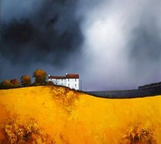 an oil painting of a house on a hill with storm clouds in the sky above