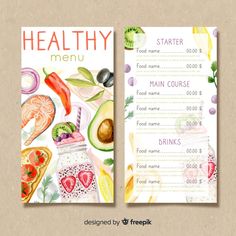 two menus with different food items on the front and back side, one is for healthy