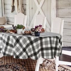 the table is covered with black and white checkered cloth