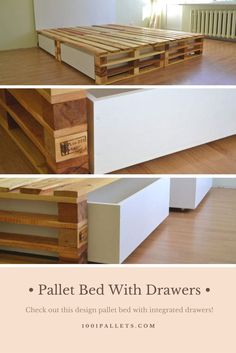 the pallet bed with drawers is made out of wood and has been painted white