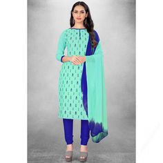 Pull together a chic look when you wear this turquoise blue chanderi churidar suit which will make you ready to make a statement on the upcoming occasion. This boat neck and 3/4th sleeve churidar suit perfectly formed using resham thread work. Accompanied by a matching santoon churidar in turquoise Blue color with blue georgette dupatta. Churidar has plain work. Dupatta elaborated using Resham thread work. This churidar suit can be customized up to the maximum size available in inches 58. Casual Salwar Kameez, Turquoise Blue Color, Indian Design, Straight Cut, Salwar Kameez