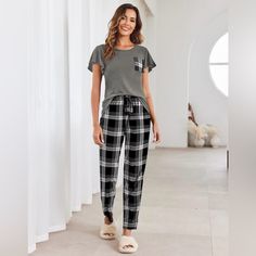 Women’s Size Large Pajama T-Shirt And Pants Lounge Set Black/Grey Plaid- Nwt Flannel Pajama Pants Outfit, Pajama Pants Outfit, Summer Pjs, T Shirt And Pants, Black Flannel, Flannel Pajama Pants, Grey Plaid, Lounge Set, Lounge Sets