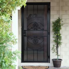 a black iron door sitting next to a potted plant