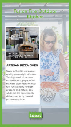 a woman in sunglasses is making pizza on the counter with an oven behind her and text that reads, custom fire outdoor kitchen