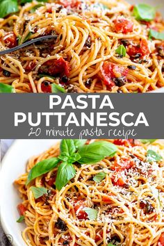 pasta with tomato sauce and basil leaves in a white bowl on top of a wooden table