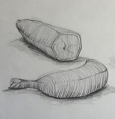 pencil drawing of two hot dogs on white paper, one has a bun and the other has a banana