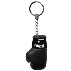 a black boxing glove keychain hanging from a metal hook on a white background