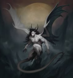 a demon with horns and wings flying through the air