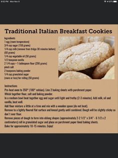 the recipe for traditional italian breakfast cookies is shown in black and white, with an orange background