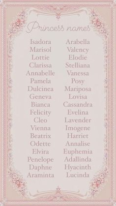 an ornate frame with the names of princesses in pink and white, on a beige background