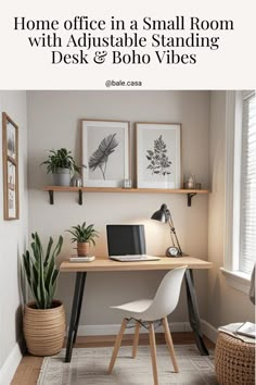 a home office in a small room with adjustable standing desk and boho vibes