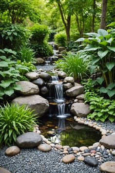 a small waterfall surrounded by rocks and greenery in the middle of a garden area