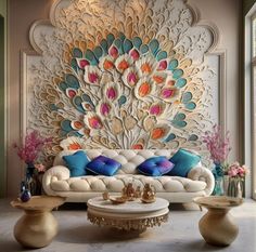 a living room with a couch, coffee table and peacock wall mural