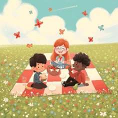 three children are sitting on a picnic blanket in the middle of a field with butterflies flying overhead