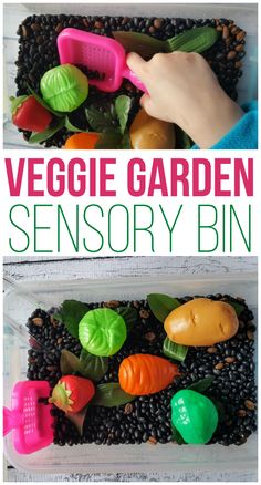 a vegetable garden made out of seeds and plastic spoons with text overlay that reads, veggie garden sensory bin