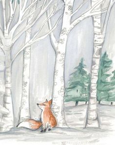 a drawing of a fox sitting in the middle of a forest next to some trees