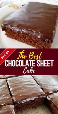 the best chocolate sheet cake is cut into squares and served on a plate with text overlay