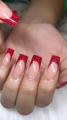 2023 Red Nails, Red Sparkle Nails, Red Tip Nails, Nail Designs Ideas, Red Acrylic Nails, Christmas Nails Easy, Girly Acrylic Nails, Short Square Acrylic Nails