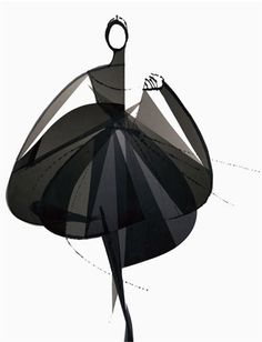 an abstract black and white drawing of a woman with umbrellas on her head, looking up at the sky