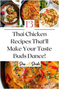 Collage of 4 thai chicken recipes. Chicken Thai Recipes, Thai Recipes Chicken, Asian Food Recipes Easy, Thai Baked Chicken, Thai Flavors, Thai Chicken Recipes