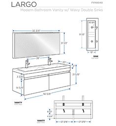 large bathroom vanity with double sinks and cabinets in white, blue and black measurements for each sink