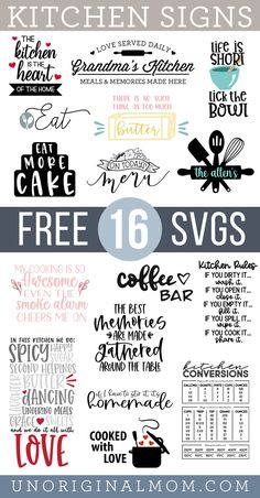 kitchen signs with the words free 16 svg's to use in your home