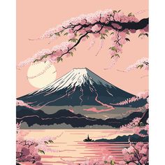 a painting of a mountain with cherry blossoms