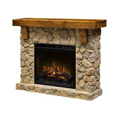 an electric fireplace with rocks and logs on the mantle is shown in front of a white background