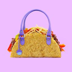 a tortilla bag with purple handles on a pink background