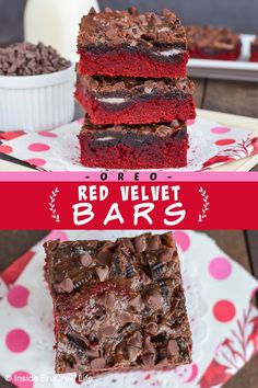 three red velvet bars stacked on top of each other with chocolate chips and oreos