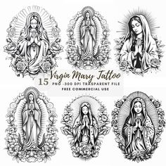 the virgin mary tattoo design is shown in four different styles, including black and white