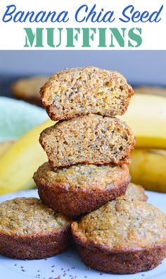 banana chia seed muffins stacked on top of each other with bananas in the background