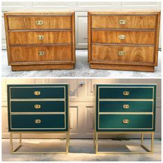 two pictures of green and gold dressers with brass pulls on each side, one has an open drawer