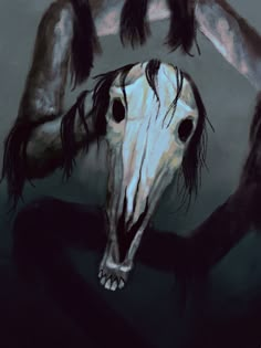 a painting of a horse's head in the middle of two hands with long black hair