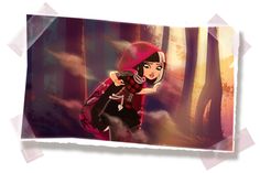 a girl in a red hoodie is walking through the woods