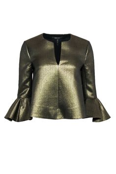 Current Boutique-BCBG Max Azria - Gold Metallic Textured Bell Sleeve Valari Blouse Sz XS Festive Long Sleeve Tops For Celebration, Festive Long Sleeve Celebration Tops, Elegant Sequin Tops For Celebrations, Glamorous Long Sleeve Tops For Celebration, Elegant Gold Blouse For Work, Elegant Gold Blouse For Workwear, Fitted Gold Blouse For Celebration, Glamorous Festive Blouse For Fall, Elegant Long Sleeve Tops With Sheen