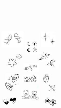 a bunch of different types of tattoos on a white background with stars and moon in the sky