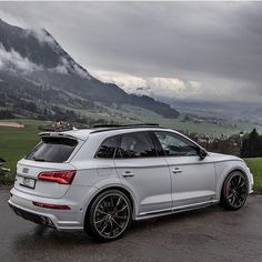 a white car parked in front of a lush green hillside under a cloudy gray sky