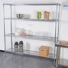 a metal shelving unit with various items on it