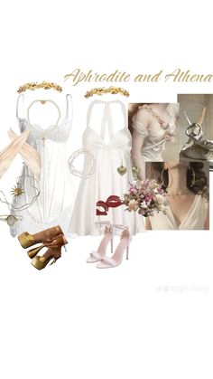 a collage of wedding dresses, shoes and accessories