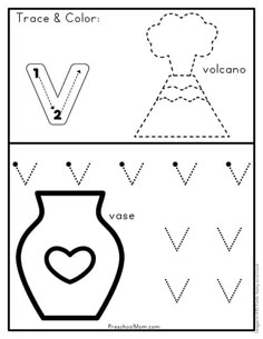 trace and color worksheet for kids to practice letter v in the shape of a vase