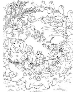 an adult coloring page with cartoon characters in the forest and flowers around it, including two bears