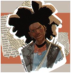 a drawing of a woman with an afro and scissors in front of newspaper clippings