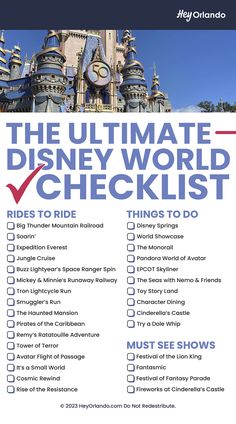 Top 30 Must See Attractions at Disney World [Printable Checklist] Disney Checklist, World Printable, Disney 2025, Character Dining, Disney Trip Planning, Tower Of Terror