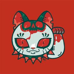 an illustration of a cat with red eyes and horns on it's head, in front of a red background