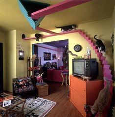 a living room filled with furniture and lots of cats on top of the stairs in it