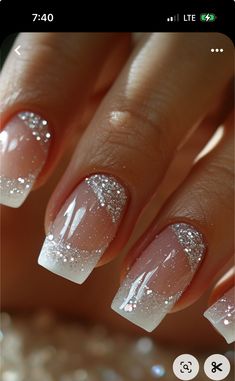 Nails For A Wedding Bride, I Do Wedding Nails, Natural Nail With Glitter, French Manicure For Bride, Banquet Nails Ideas, White And Glitter Nail Designs, Wedding Guest Nail Ideas, French Manicure With Silver Line, Nails With Light Blue Dress