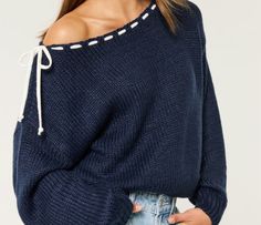 Navy Blue      $54.95 Fall Fit, Off Shoulder Sweater, Top Graphic Tees, Blue Sweater, Swimwear Accessories, Shoulder Sweater, Basic Tees, Blue Sweaters