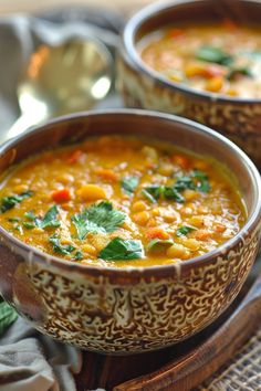 Two bowls of lentil soup garnished with fresh cilantro. Meal Rotation